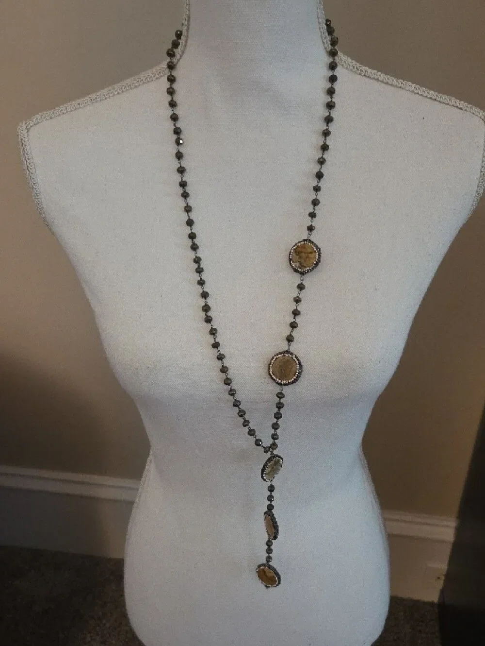 Vintage Long Necklack With Jasper Cabochones